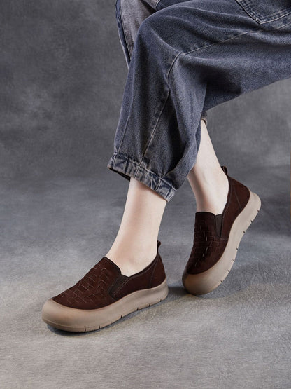 Women Vintage Soft Leather Weave Flat Shoes