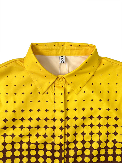 Long Sleeves Loose Buttoned Contrast Color Polka-Dot Split-Joint Lapel Blouses&Shirts Tops