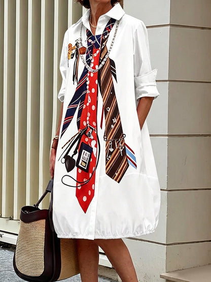 Long Sleeves Loose Buttoned Pockets Printed Lapel Midi Dresses
