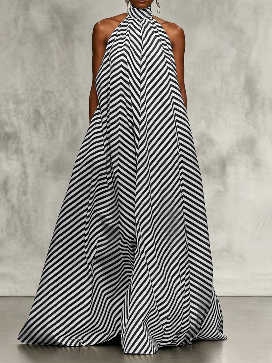 A-Line Loose Backless Contrast Color Elasticity Pockets Halter-Neck Maxi Dresses