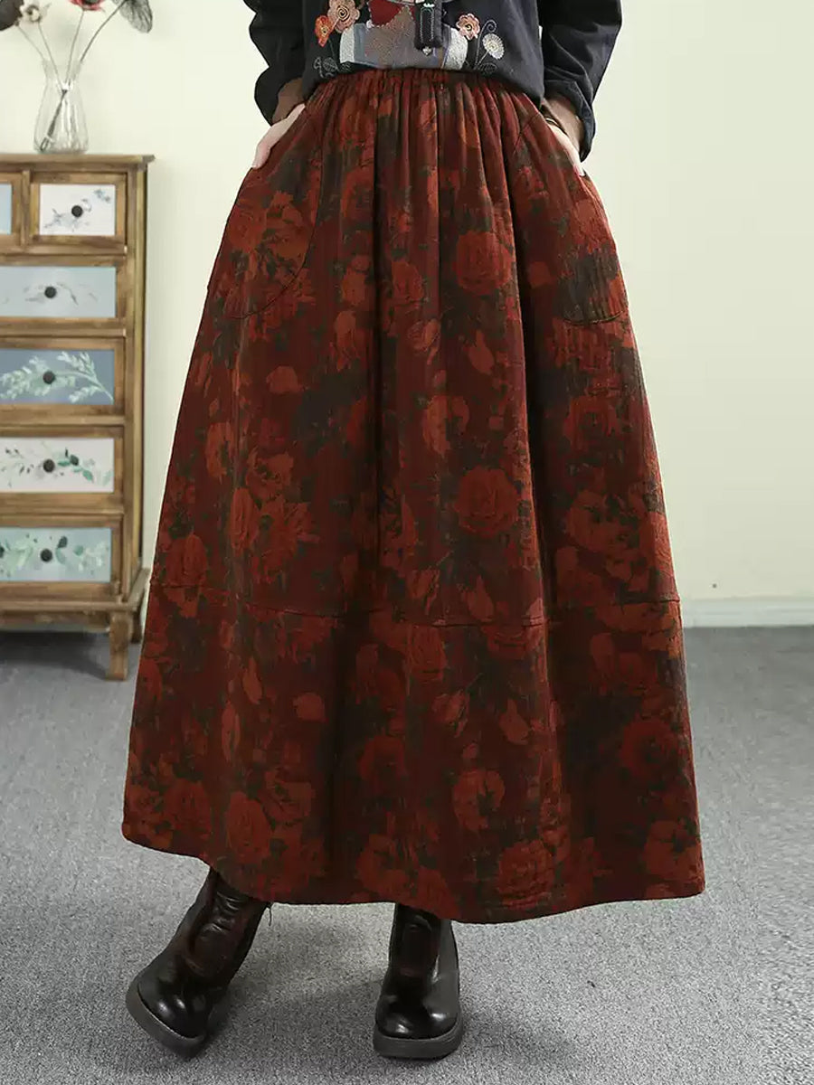 Women Autumn Artsy Flower A-Shape 100%Cotton Skirt