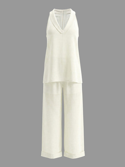 Loose Solid Color V-Neck Sleeveless Vest Top + Pockets Pants Trousers Two Pieces Set