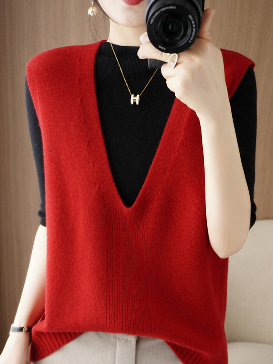 Women Autumn Casual Pure Color V-Neck Knitted Vest