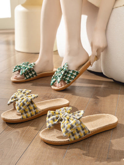 Women Summer Artsy Plaid Bowknot Linen Slippers