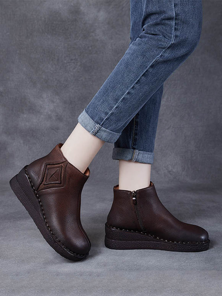 Women Vintage Genuine Leather Spliced Platform Boots