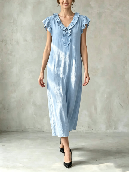 Loose Plus Size Pockets Ruffle Trim Solid Color V-Neck Maxi Dresses