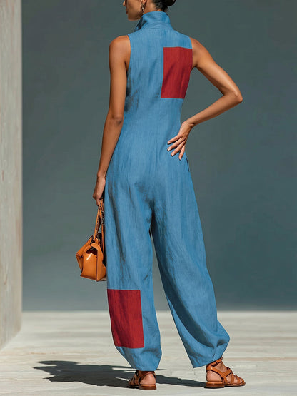 Loose Wide Leg Contrast Color Pockets Lapel Jumpsuits