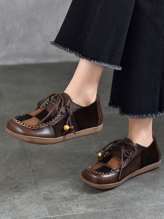 Women Vintage Colorblock Leather Strap Flat Shoes