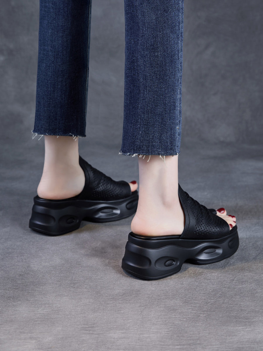 Women Summer Casual Genuine Leather Platform Slippers