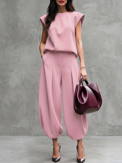 Cap Sleeve Loose Solid Color Round-Neck Blouses&Shirts Tops