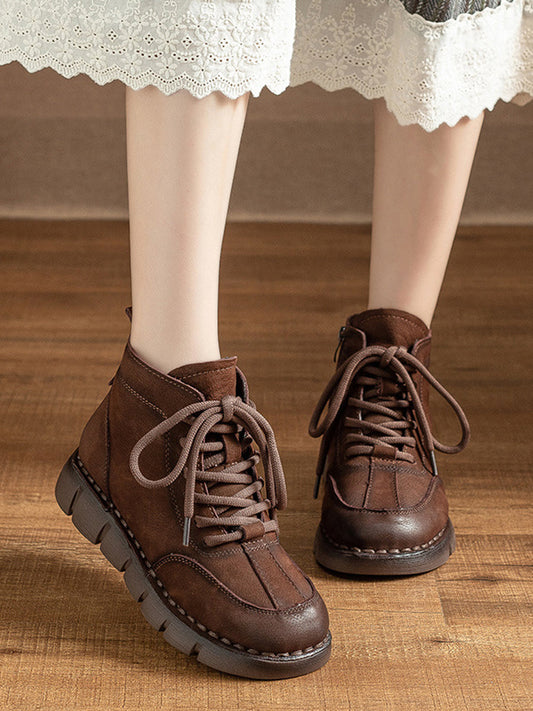 Women Vintage Pure Color Leather Flat Ankle Boots