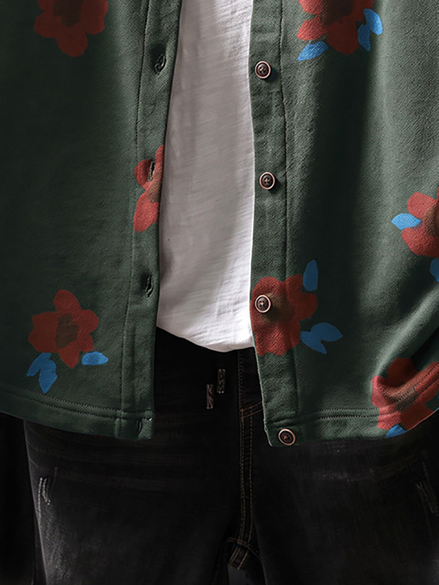 Plus Size Women Autumn Artsy Flower Print Cotton Cardigan Shirt