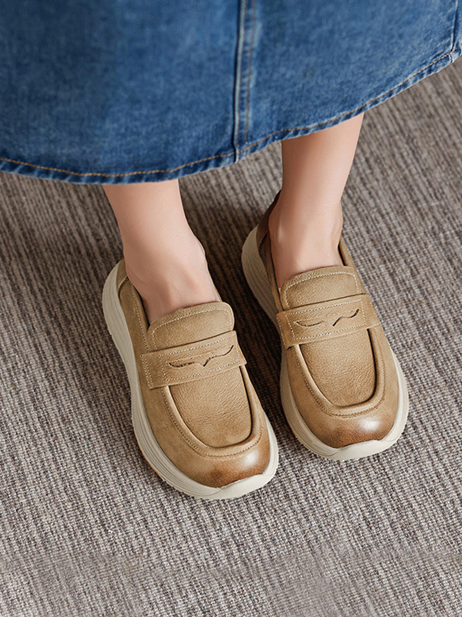 Women Vintage Autumn Genuine Leather Platform Shoes