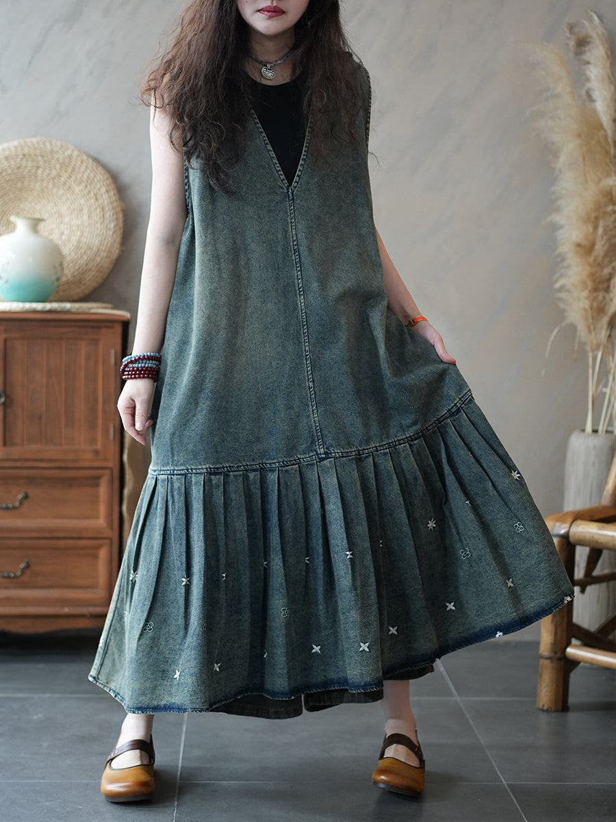 Women Summer Vintage Denim Vest Pleated Dress