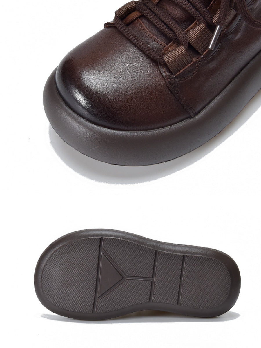 Women Vintage Genuine Leather Spliced Platform Boots