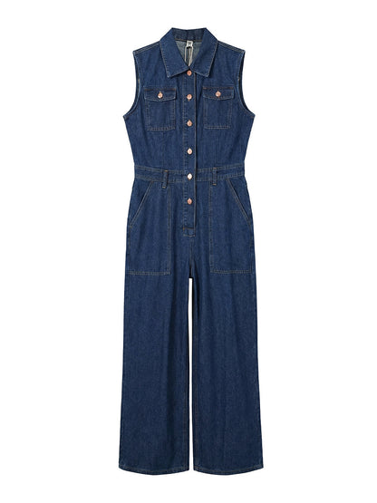 Loose Plus Size Buttoned Pockets Solid Color Split-Joint Stand Collar Jumpsuits