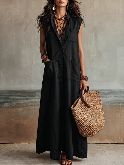 Loose Sleeveless Buttoned Pockets Solid Color Lapel Maxi Dresses