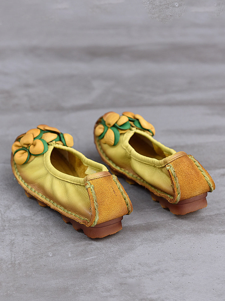 Women Vintage Flower Leather Spliced Flat Shoes
