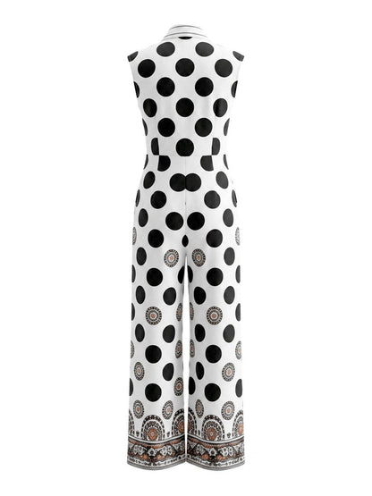 High Waisted Loose Contrast Color Pleated Pockets Polka-Dot Stand Collar Jumpsuits