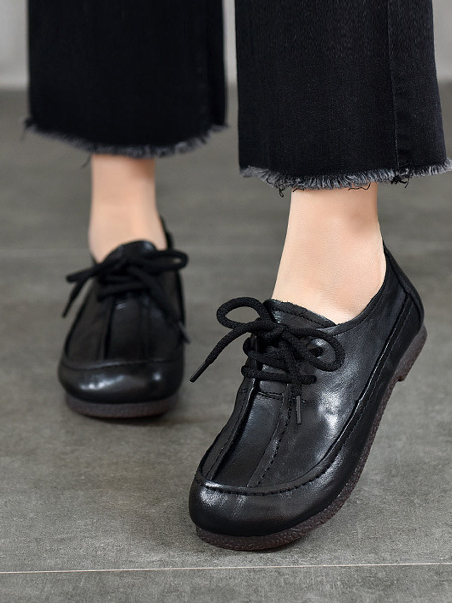 Women Vintage Genuine Leather Spliced Low Heel Shoes