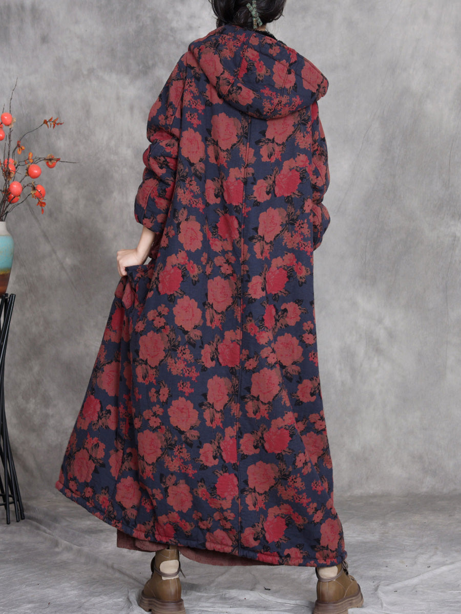 Women Winter Retro Flower Cotton Hooded Coat