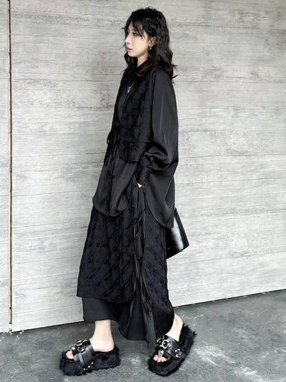Solid Color Split-Joint Asymmetric Drawstring Flower Print   False Two Lapel Buttoned Pockets Blouses&Shirts Tops + Elasticated Waist Double Layered Skirts Bottoms Two Pieces Set