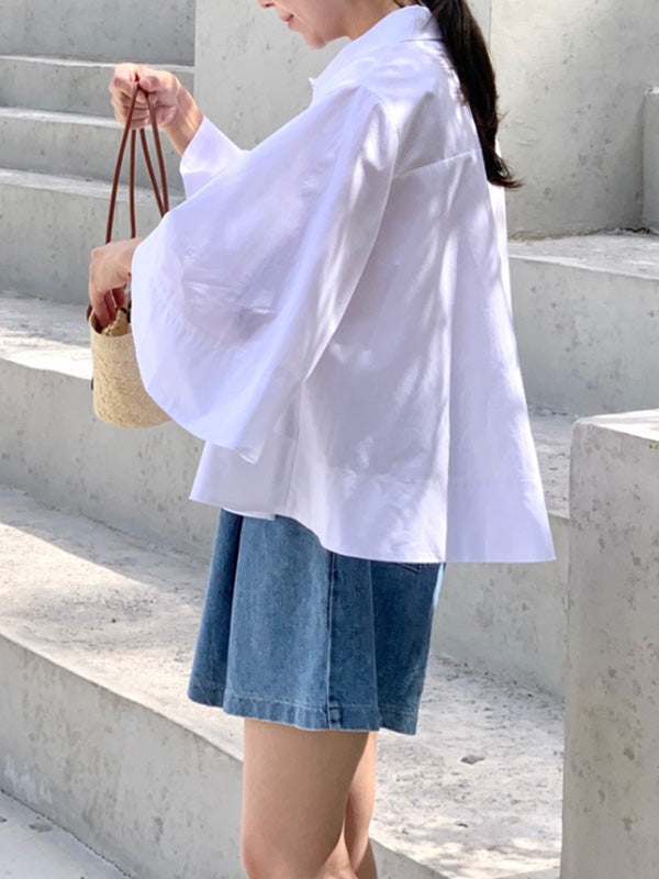 A-Line Flared Sleeves Buttoned Pleated Solid Color Lapel Blouses&Shirts Tops