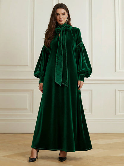 A-Line Long Sleeves Bow-Embellished Pleated Solid Color Split-Joint High Neck Maxi Dresses