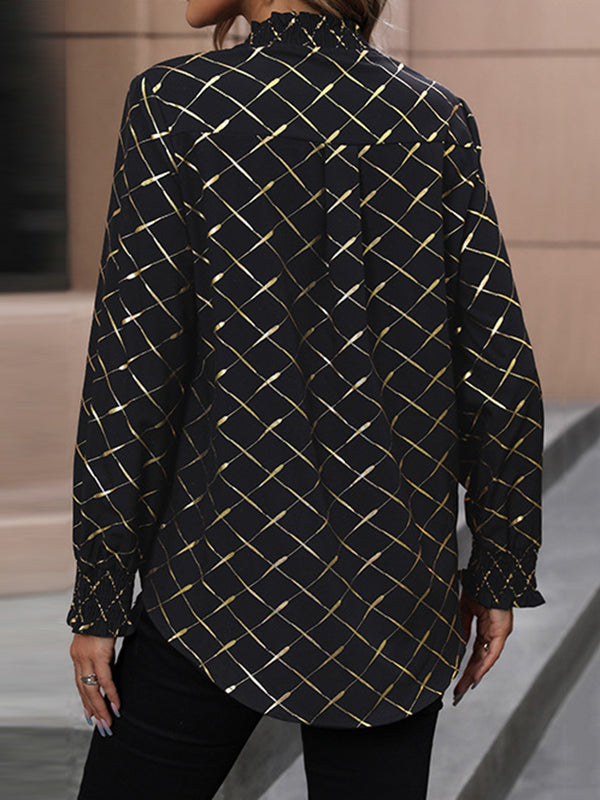 Long Sleeves Loose Bronzing Elasticity Split-Joint V-Neck Blouses&Shirts Tops