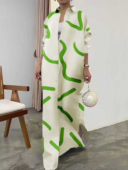 Long Sleeves Loose Line Printed Split-Front Split-Side Lapel Maxi Dresses