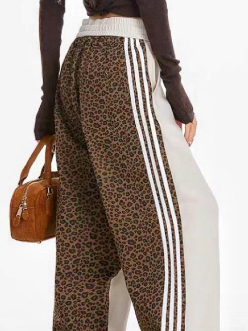High Waisted Loose Contrast Color Drawstring Leopard Split-Joint Striped Pants Trousers
