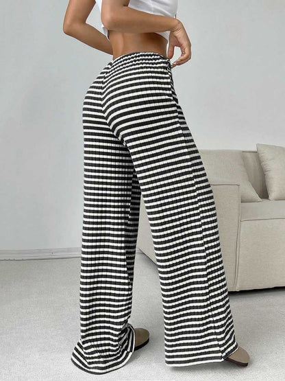 Elasticated Waist High Waisted Contrast Color Drawstring Split-Joint Striped Pants