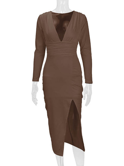 Bodycon Elasticated Waist Pleated Solid Color Split-Joint Split-Side Deep V-Neck Midi Dresses
