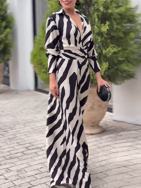 Long Sleeves Wide Leg Split-Joint Tied Waist Zebra Printed Lapel Jumpsuits
