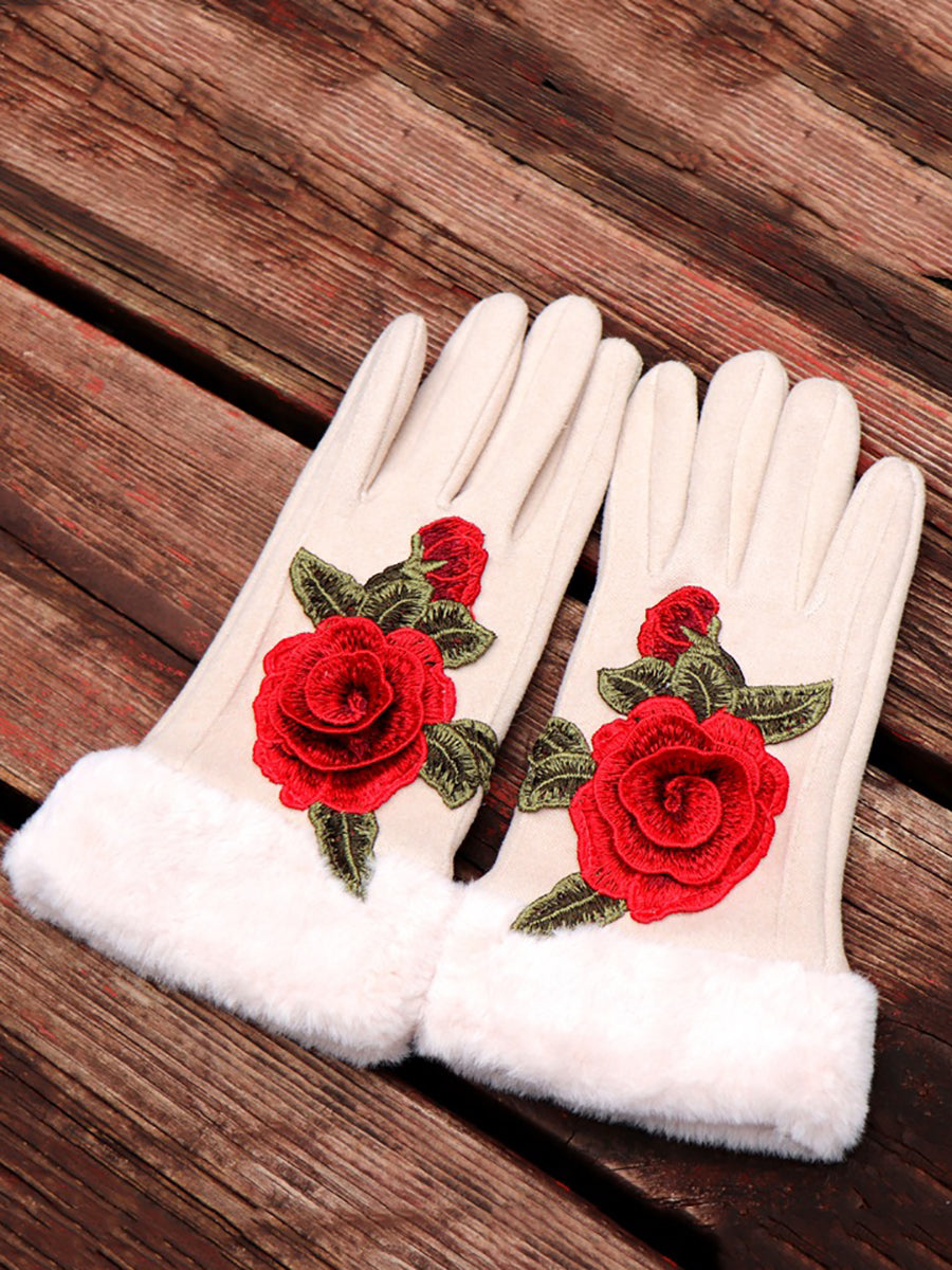 Women Artsy Winter Embroidery Fleece-lined Gloves