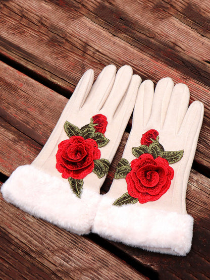 Women Artsy Winter Embroidery Fleece-lined Gloves