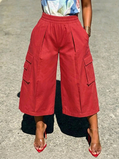High Waisted Loose Elasticity Pockets Solid Color Pants Trousers