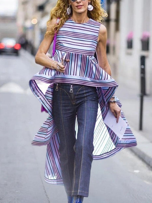 High-Low Loose Contrast Color Split-Joint Striped Round-Neck Vest Top