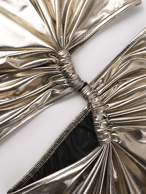 Skinny Sleeveless Asymmetric Pleated Shiny Split-Back Split-Joint One-Shoulder Evening Dresses Maxi Dresses