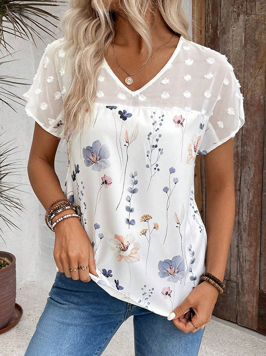 Loose Short Sleeves Flower Print Jacquard Split-Joint V-Neck T-Shirts Tops
