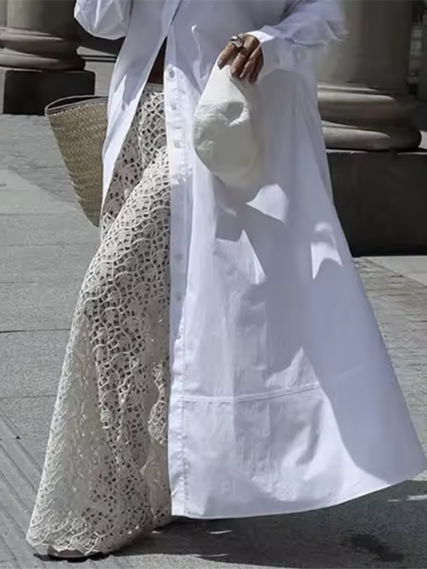 Long Sleeves Solid Color Split-Joint Lapel Maxi Dresses Shirt Dress