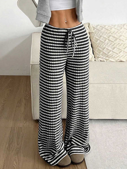 Elasticated Waist High Waisted Contrast Color Drawstring Split-Joint Striped Pants