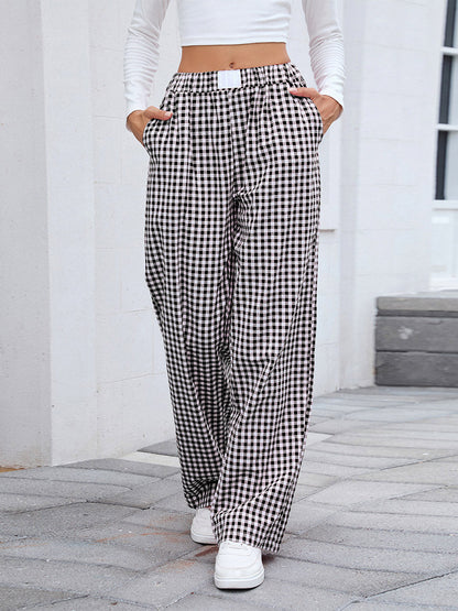 Elasticated Waist High Waisted Contrast Color Plaid Pockets Split-Joint Pants Trousers
