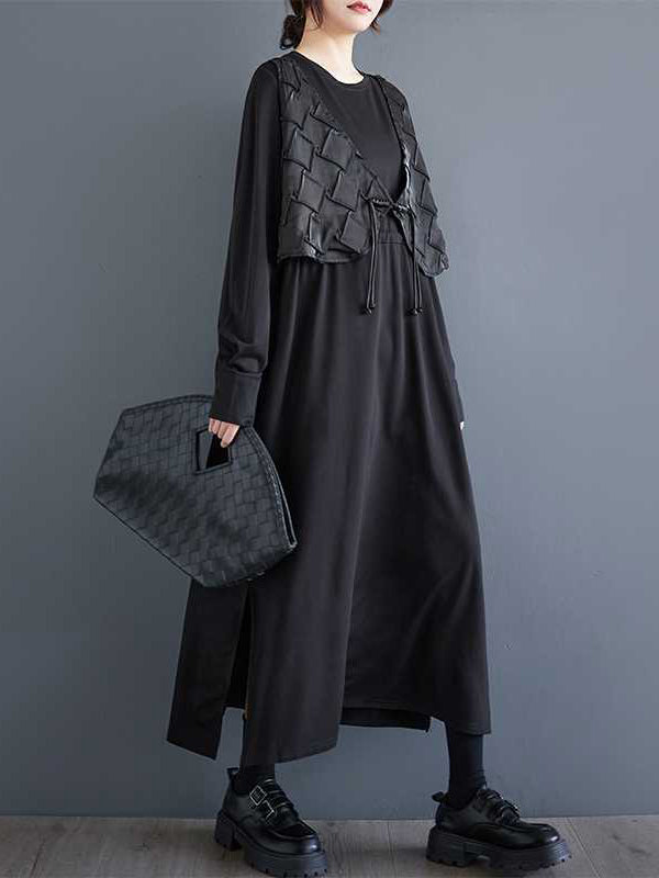 A-Line False Two Drawstring Solid Color Split-Joint Split-Side Round-Neck Midi Dresses