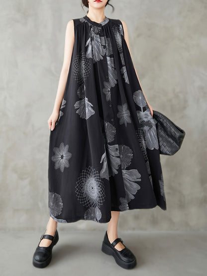 A-Line Loose Buttoned Flower Print Pleated Pockets Round-Neck Midi Dresses
