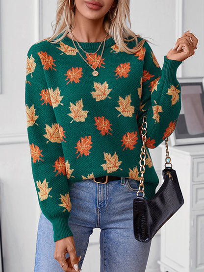 Long Sleeves Loose Contrast Color Jacquard Knitted Leaves Split-Joint Round-Neck Pullovers Sweater Tops