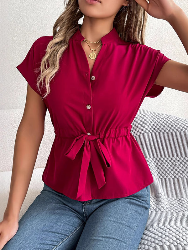 Loose Short Sleeves Drawstring Split-Joint Round-Neck Blouses&Shirts Tops