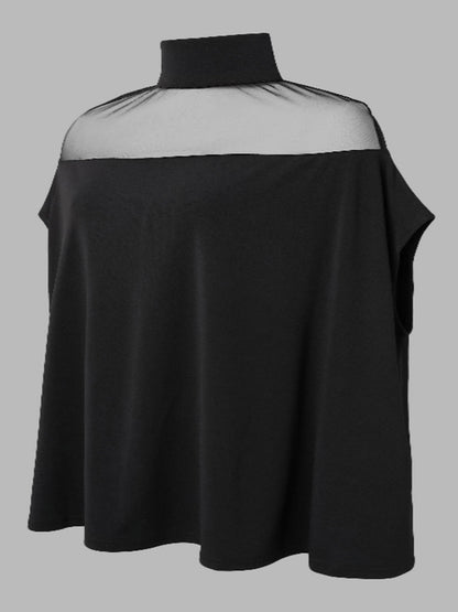 Batwing Sleeves Plus Size Cape See-Through Solid Color Split-Toe High-Neck Blouses&Shirts Tops