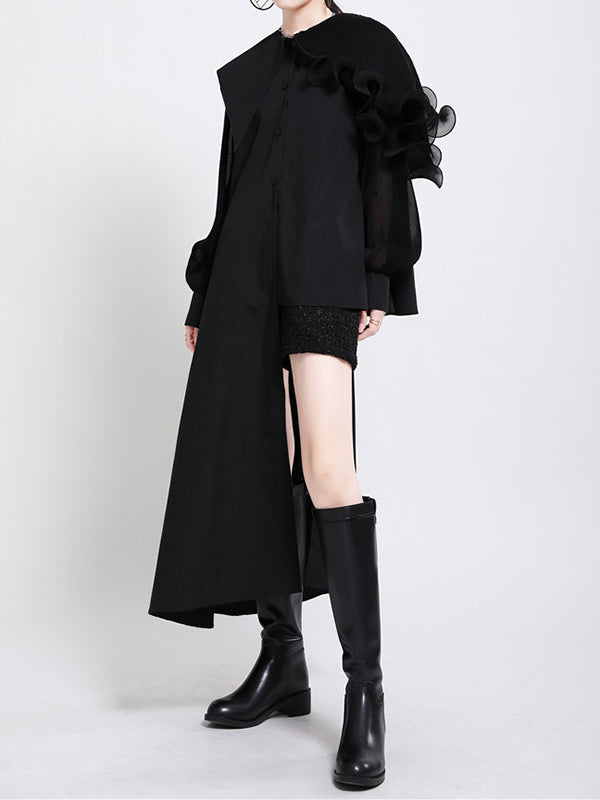 Long Sleeves Loose Asymmetric Pleated Solid Color Split-Joint Falbala Lapel Blouses&Shirts Tops