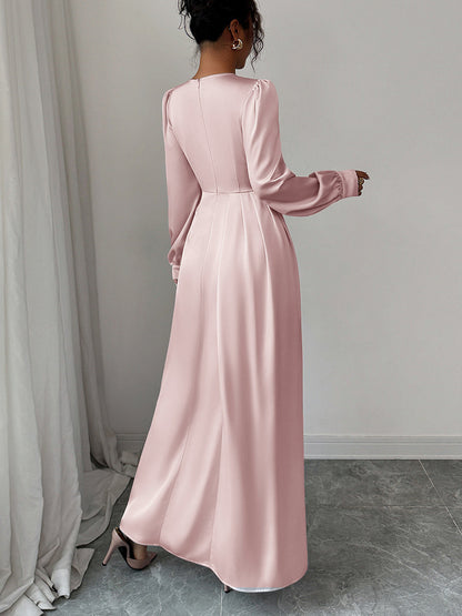 A-Line Elasticated Waist Asymmetric Pleated Solid Color Split-Joint Round-Neck Maxi Dresses